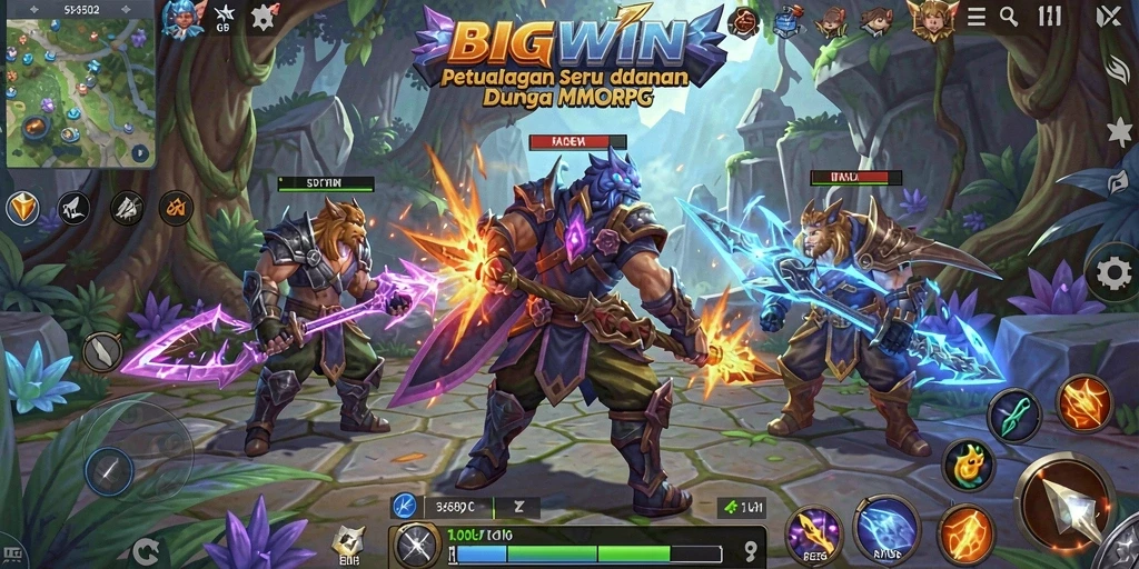Tangkapan layar utama BIGWIN menampilkan aksi seru dalam pertempuran MMORPG.