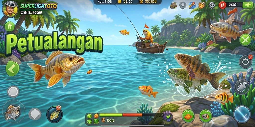 Screenshot dari gameplay SUPERLIGATOTO yang menunjukkan momen menangkap ikan.