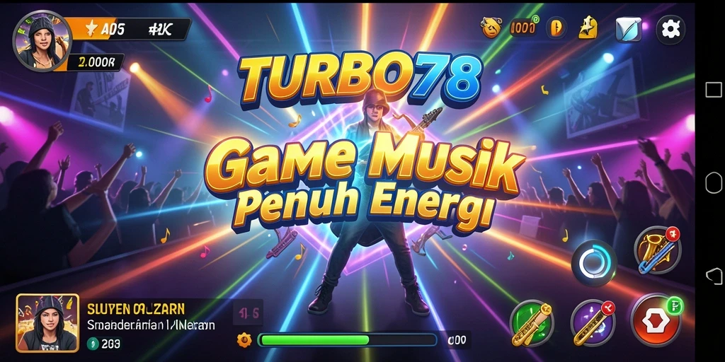 Screenshot TURBO78 menampilkan gameplay interaktif di antara lagu-lagu terkenal.